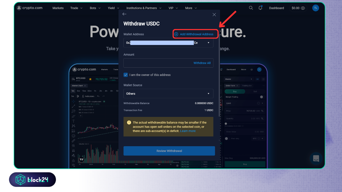 Thêm ví rút tiền vào sàn Crypto.com
