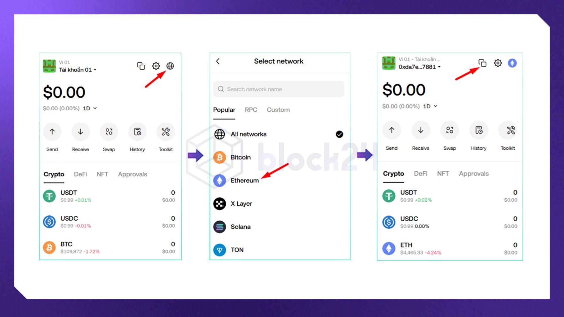 Các bước lấy địa chỉ ví USDT bằng OKX Web3 Wallet