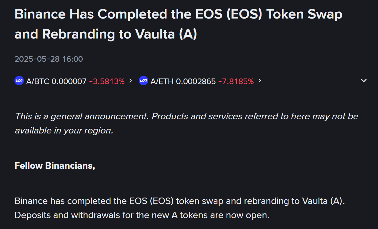 Binance thông báo hoàn tất việc chuyển đổi token EOS (EOS Network) sang A (Vaulta) - nguồn: Binance Announcement