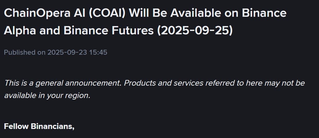 Binance Futures và Alpha đồng loạt thông báo list token COAI vào ngày 25/9/2025 - theo Binance Announcement