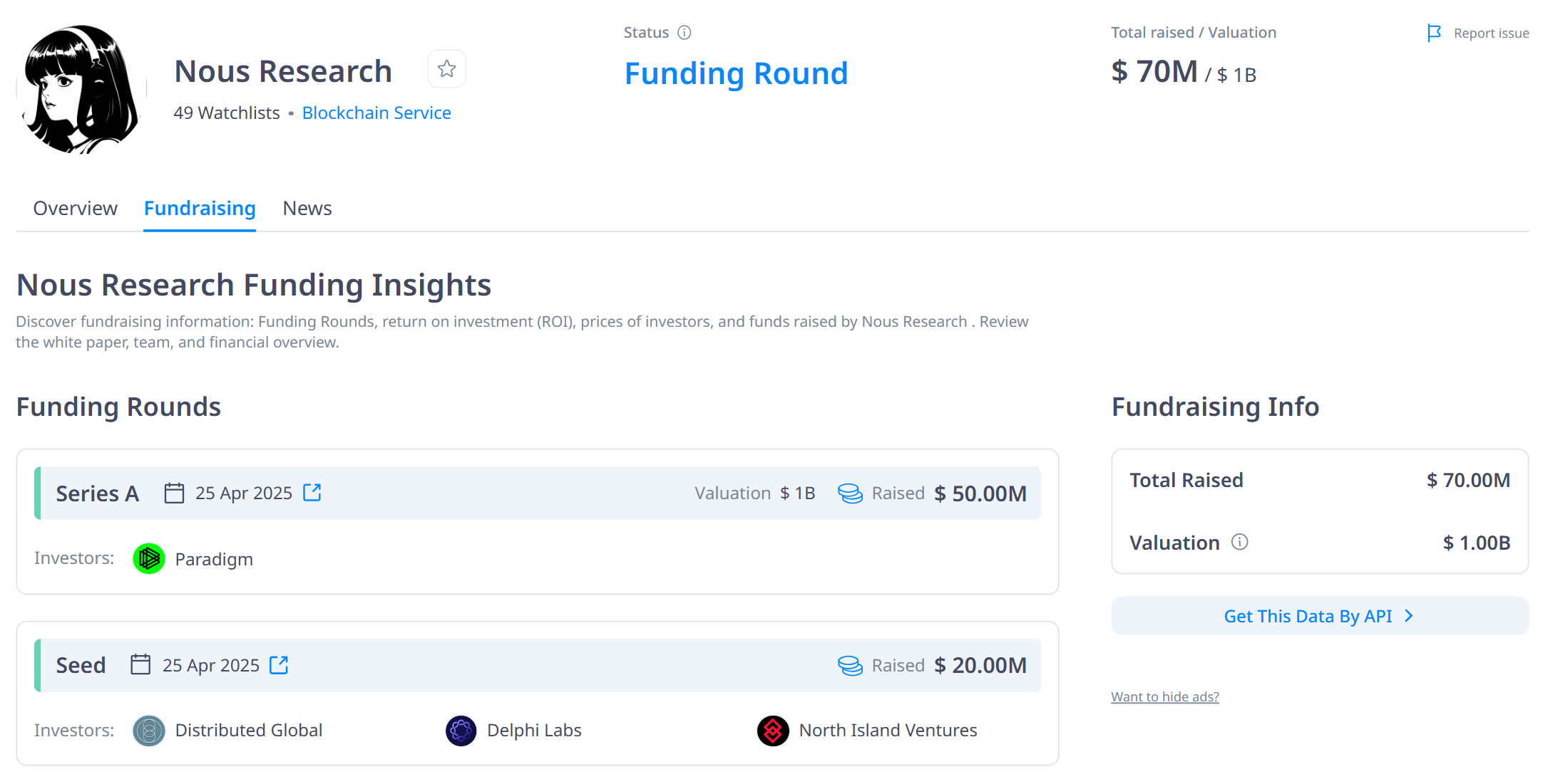 Thông tin về các vòng gọi vốn của Nous Research - theo CryptoRank
