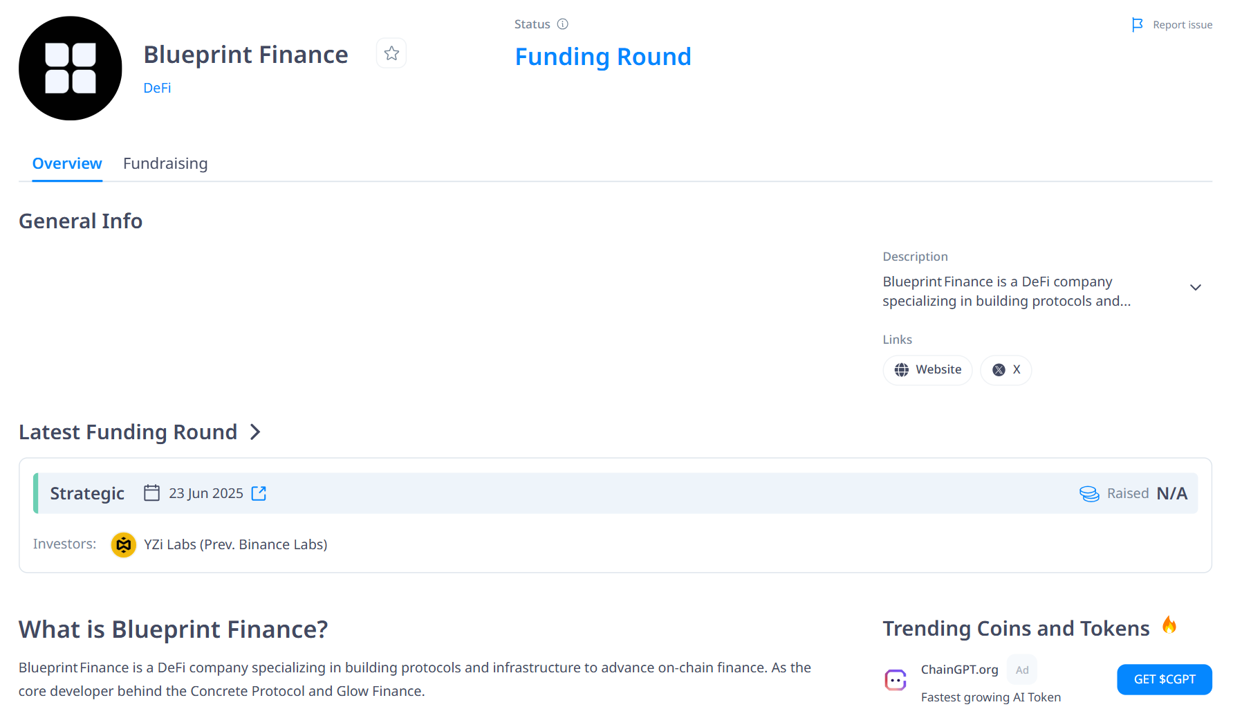 Một số thông tin cơ bản về dự án Blueprint Finance - theo CryptoRank