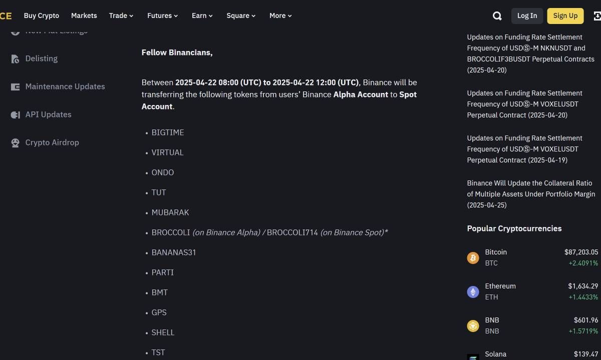 Thông báo từ Binance - Nguồn Binance Announcements