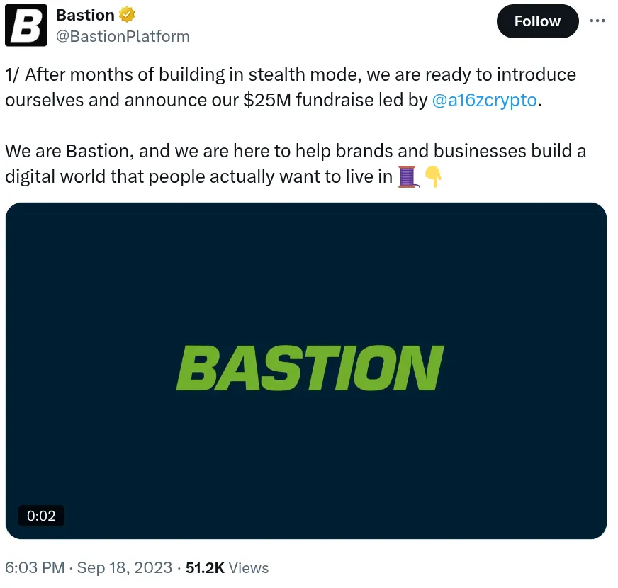 Bastion từng huy động được 25 triệu USD vào tháng 9 năm 2023 - nguồn: X (Twitter)