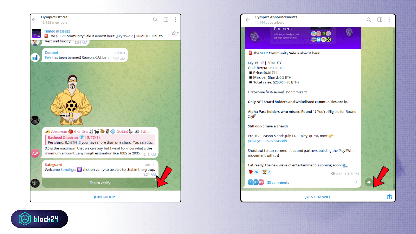 Tham gia channel và nhóm Telegram Elympics