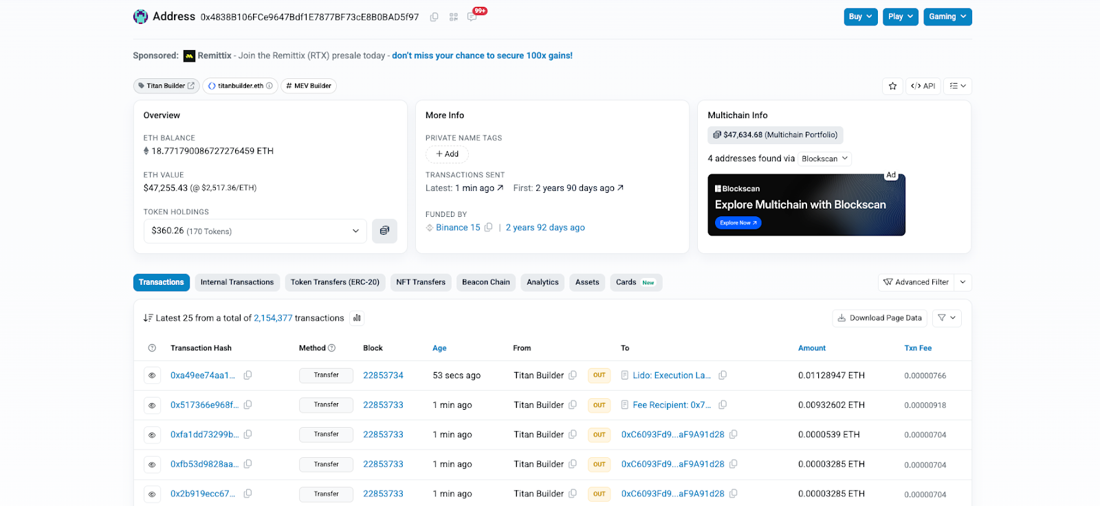 Thông tin của một địa chỉ ví trên Etherscan