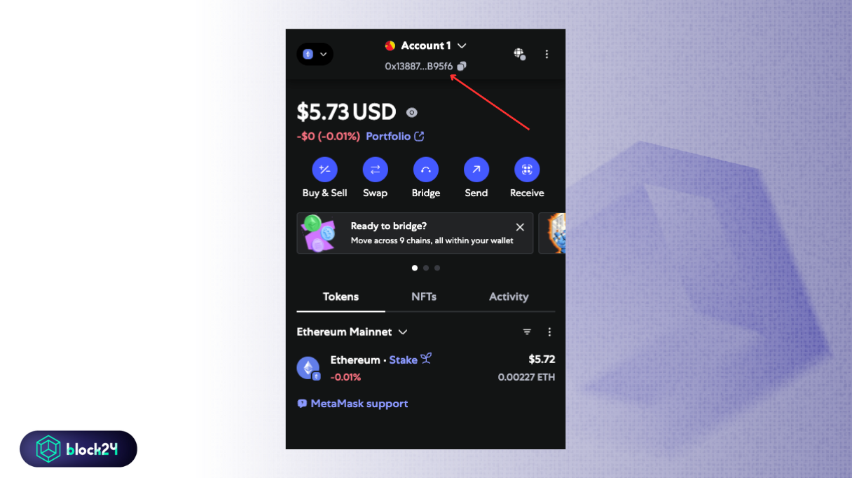 Vị trí EVM Address trên ví MetaMask