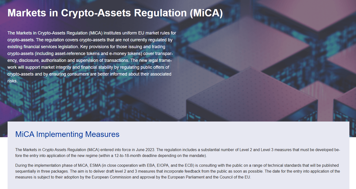 MiCA bắt đầu được có hiệu lực từ tháng 6/2023 (Nguồn: esma.europa.eu)