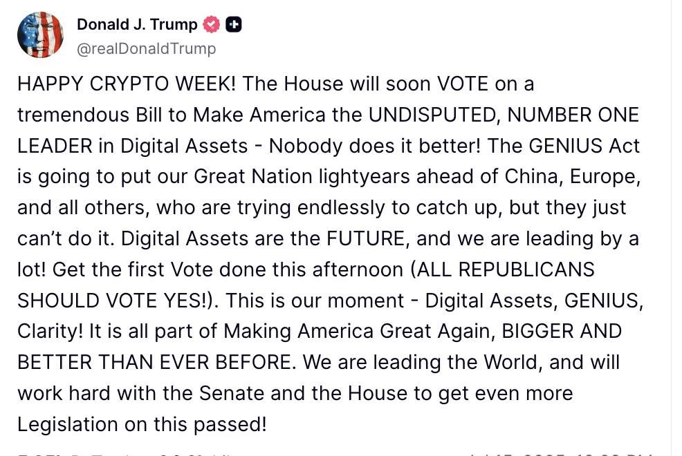 Tổng thống Trump bày tỏ sự hào hứng về tuần lễ Crypto Week - nguồn: Truth Social