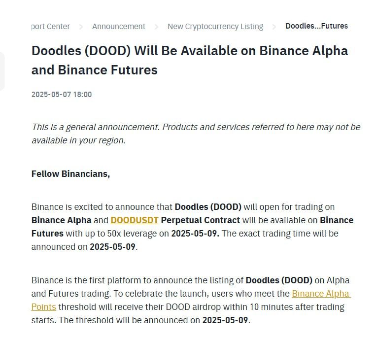 DOOD sẽ được list Binance Futures với đòn bẩy lên tới 50x vào ngày 9/5/2025 - nguồn: Binance Announcement