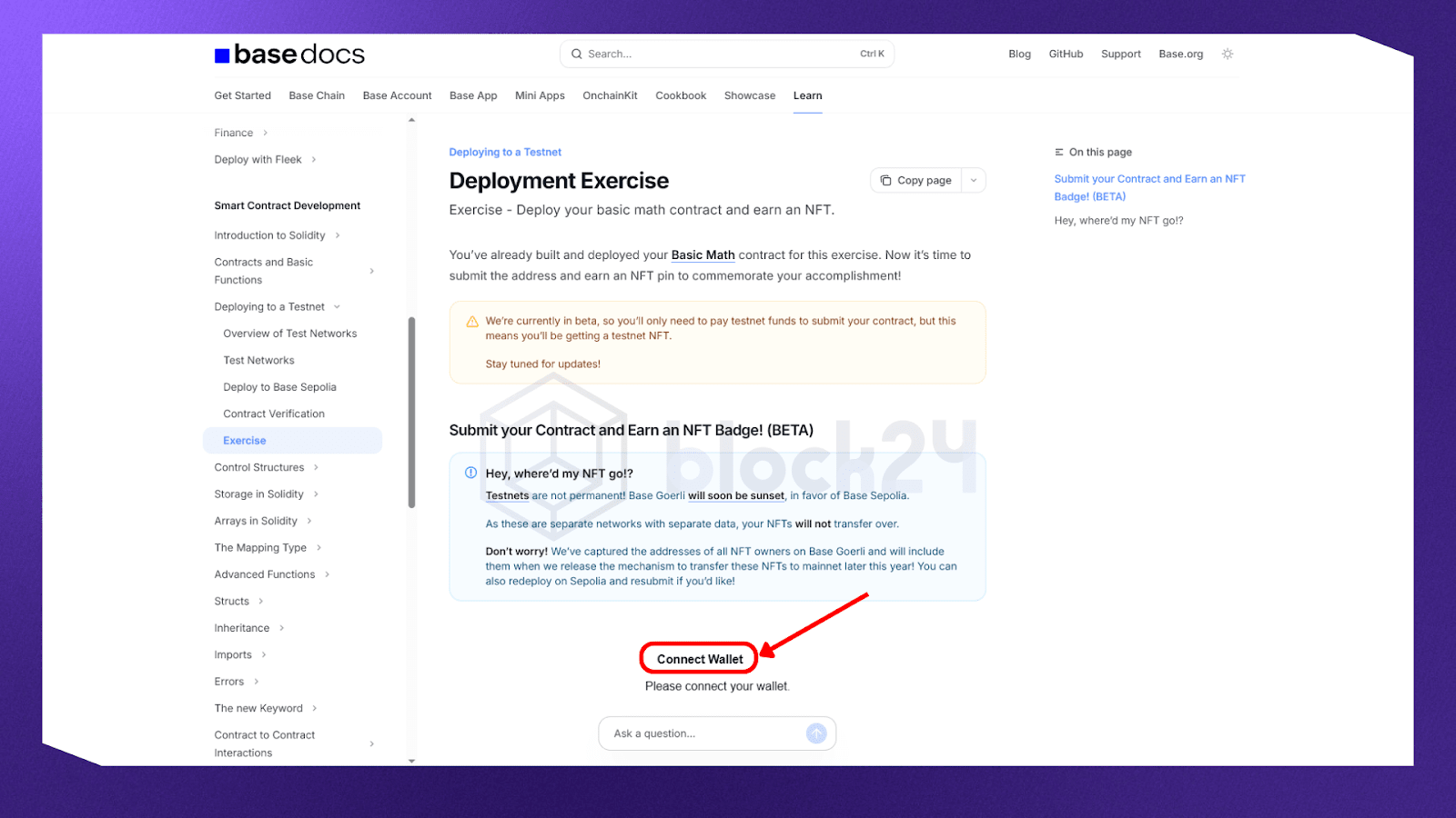 Kết nối ví với trang Exercise Contract của Base Learn