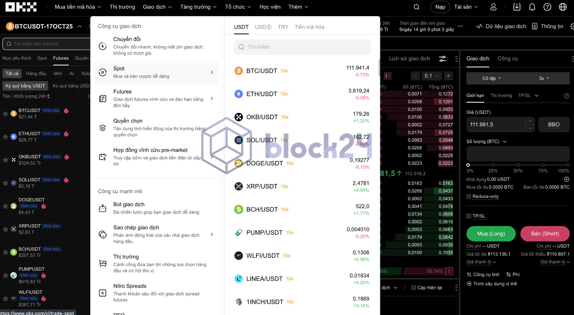Chọn giao dịch Future trên trang chủ OKX