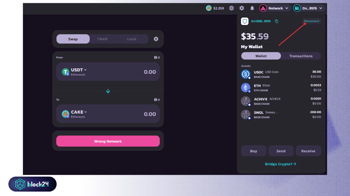 Disconnect ví trên DApp
