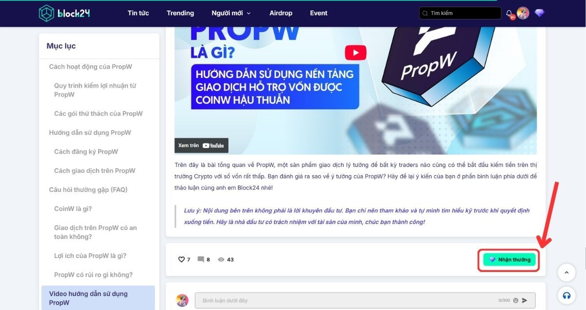 Nút nhận thưởng kim cương khi đọc bài trên block24.ai