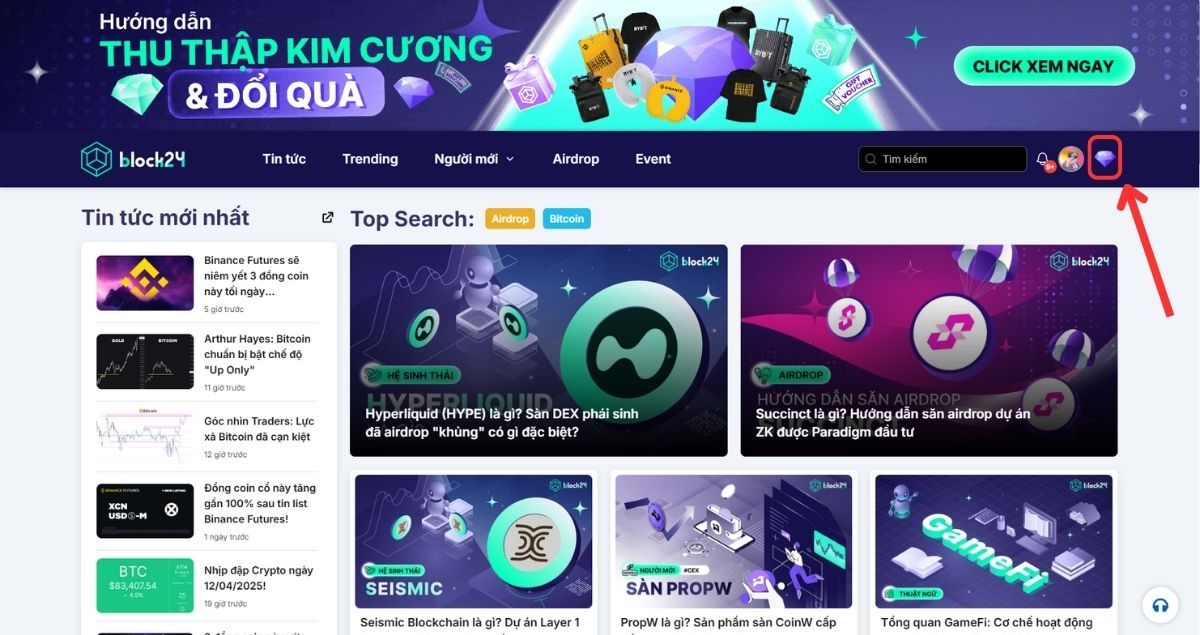 Nút Kim cương ở trang chủ block24.ai