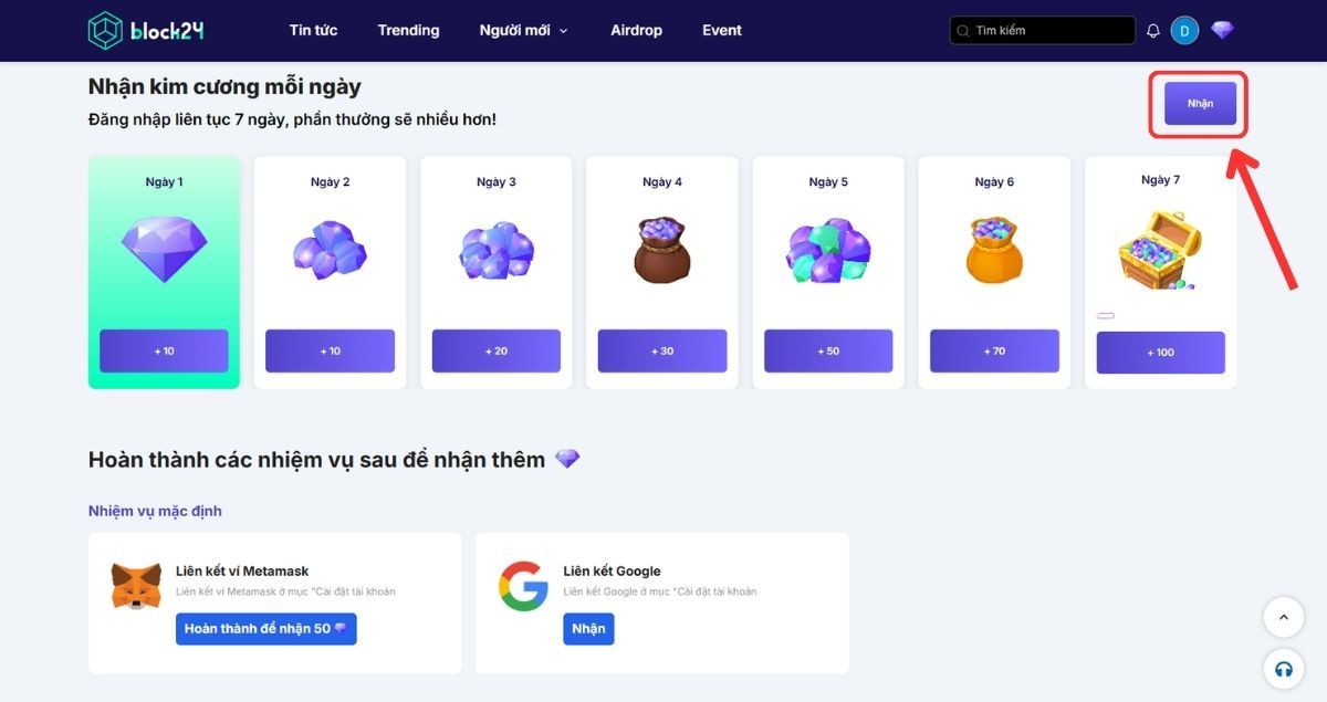Điểm danh nhận kim cương mỗi ngày