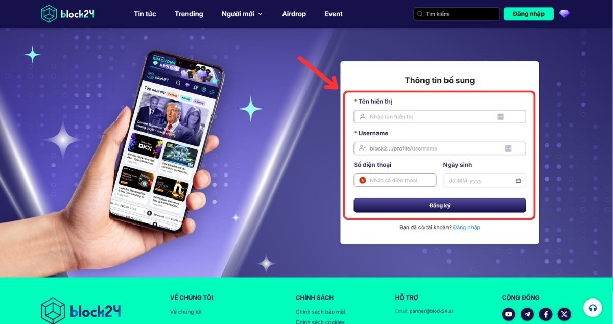 Điền thông tin sẽ hiển thị trên tài khoản Block24 của bạn