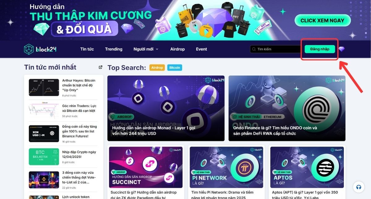 Nhấn vào nút Đăng nhập trên block24.ai