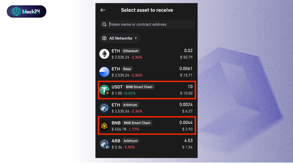 Chọn token BEP20 mạng BNB Smart Chain