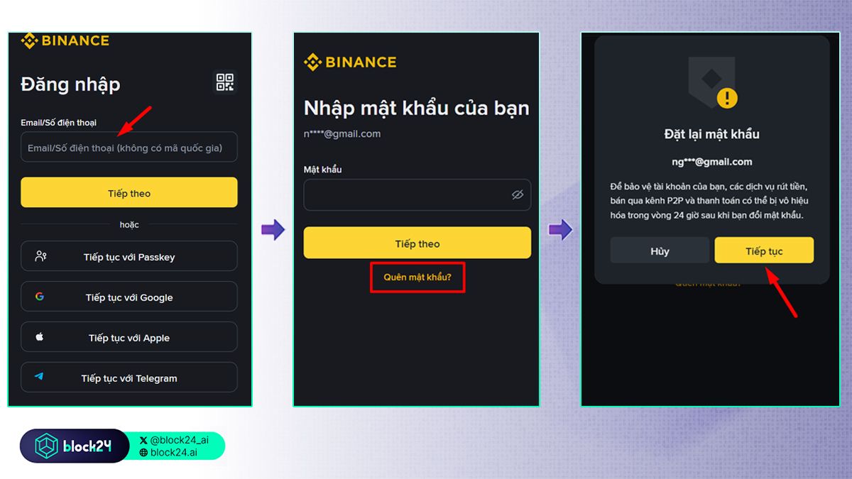 Vào phần đăng nhập sàn Binance và chọn quên mật khẩu
