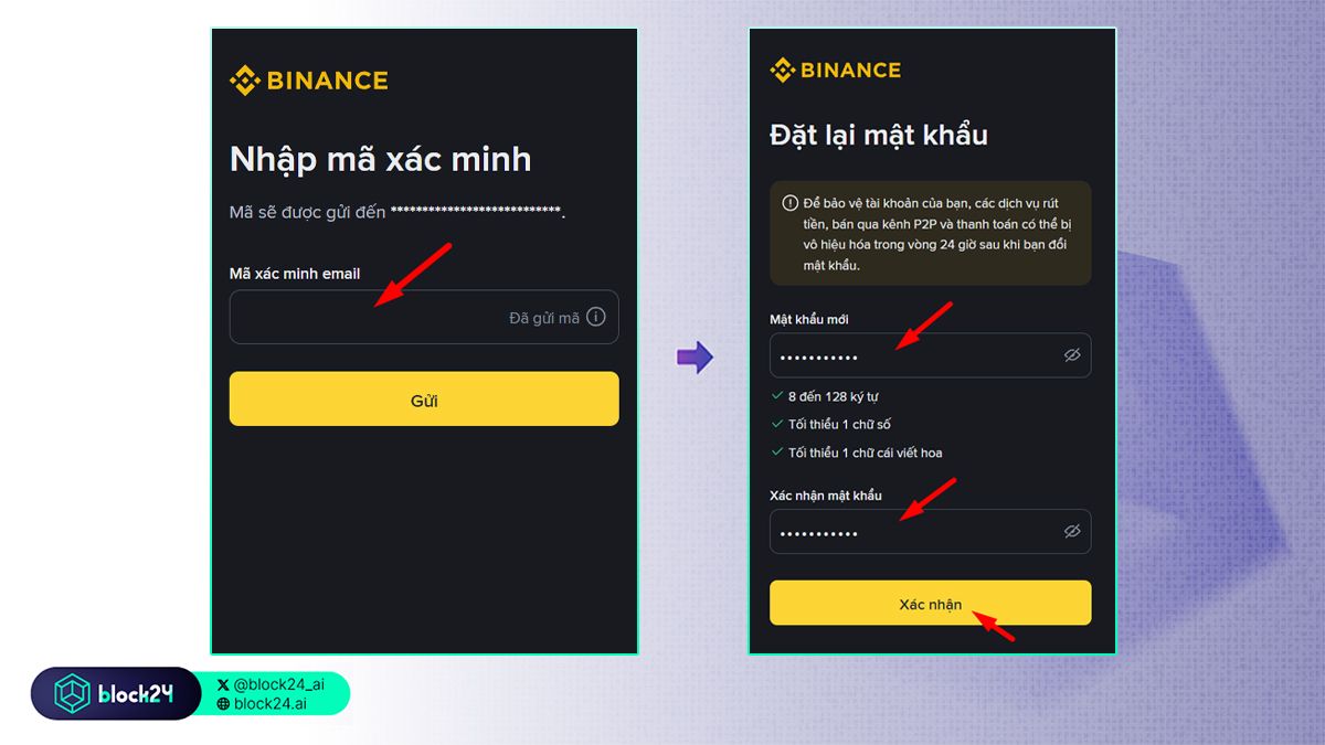 Nhập mã xác minh và đặt lại mật khẩu mới