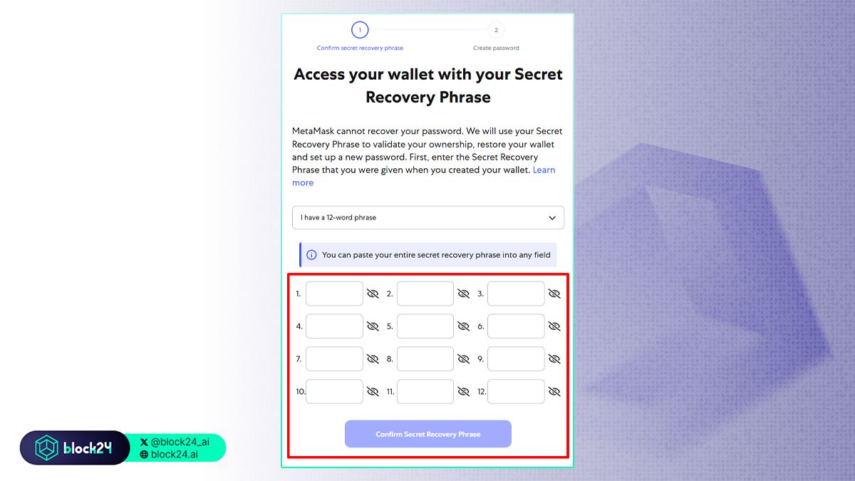 Nhập seed phrase và tạo mật khẩu đăng nhập