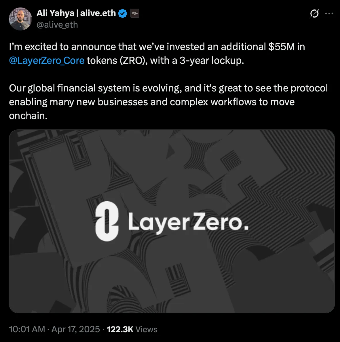LayerZero (ZRO) nhận được khoản đầu tư 55 triệu USD từ quỹ a16z - nguồn: Ali Yahya