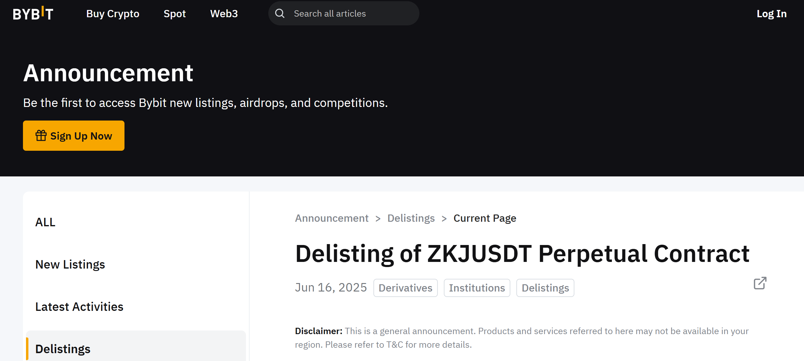 Bybit thông báo huỷ niêm yết hợp đồng Perpetual Contract của ZKJ