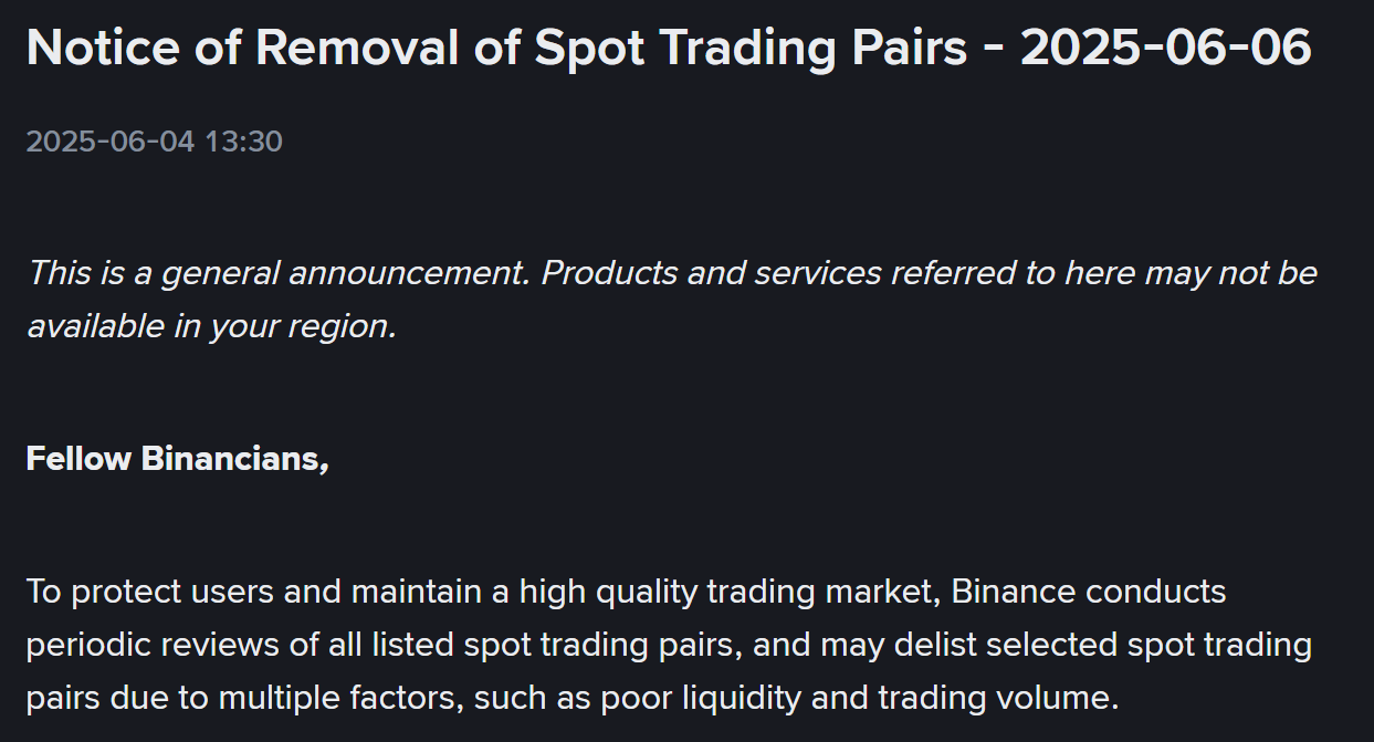 Binance Spot thông báo huỷ niêm yết một loạt cặp giao dịch vào ngày 6/6/2025 - nguồn: Binance Announcement