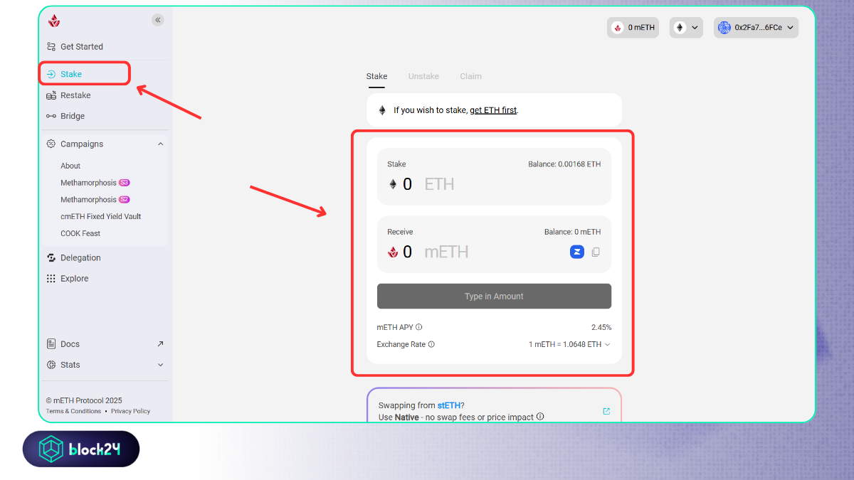 Stake ETH trên mETH Protocol