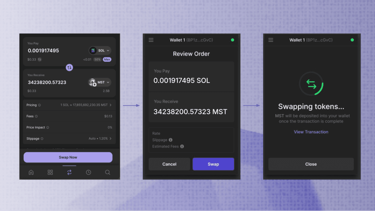 Minh hoạ cách swap token trên ví Phantom để mua memecoin MST