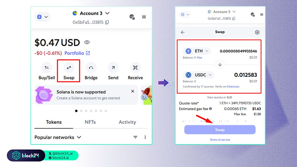 Các bước swap token mạng Linea