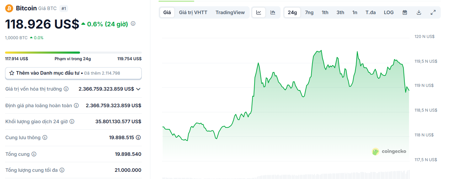 Biểu đồ giá của BTC (Bitcoin) trong ngày 28/7/2025 - theo CoinGecko