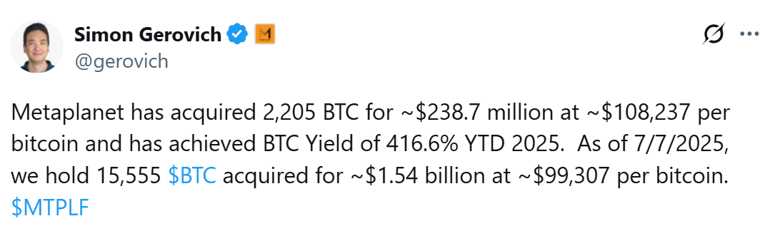 Metaplanet thông báo mua thêm 2.205 BTC trị giá gần 239 triệu USD - nguồn: Simon Gerovich (CEO Metaplanet)