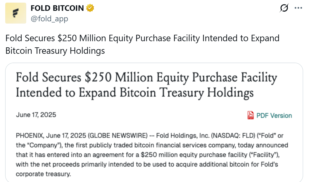 Fold Holdings (FLD) thông báo huy động 250 triệu USD để mua BTC - nguồn: X (Twitter)