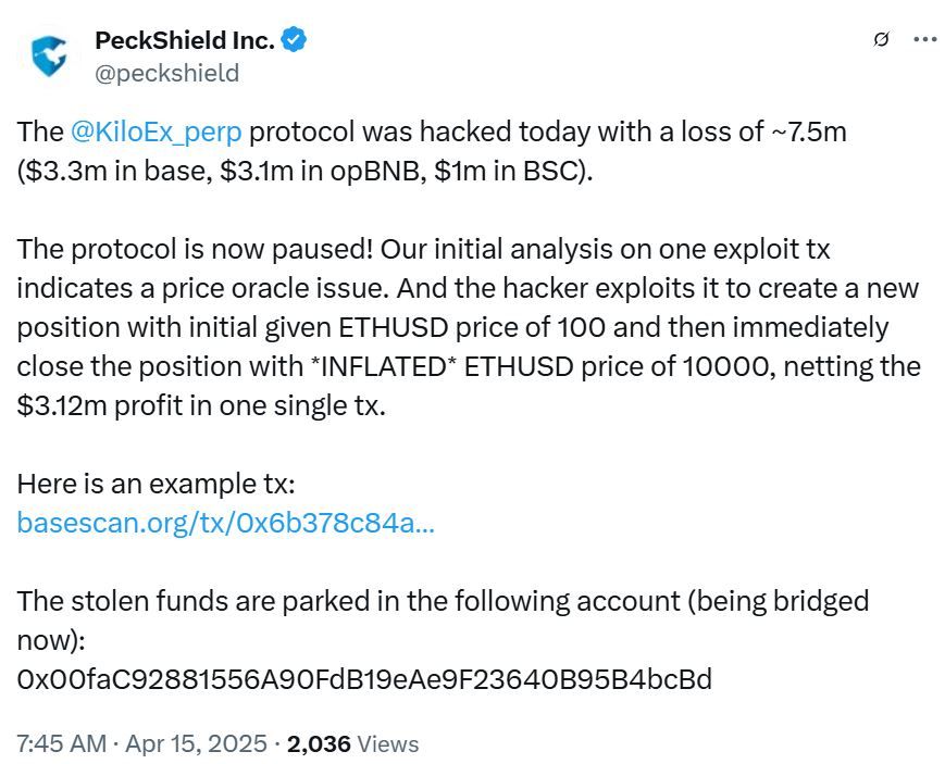 PeckShield phát hiện việc KiloEx bị hacker đánh cắp khoảng 7.5 triệu USD - nguồn: X (Twitter)