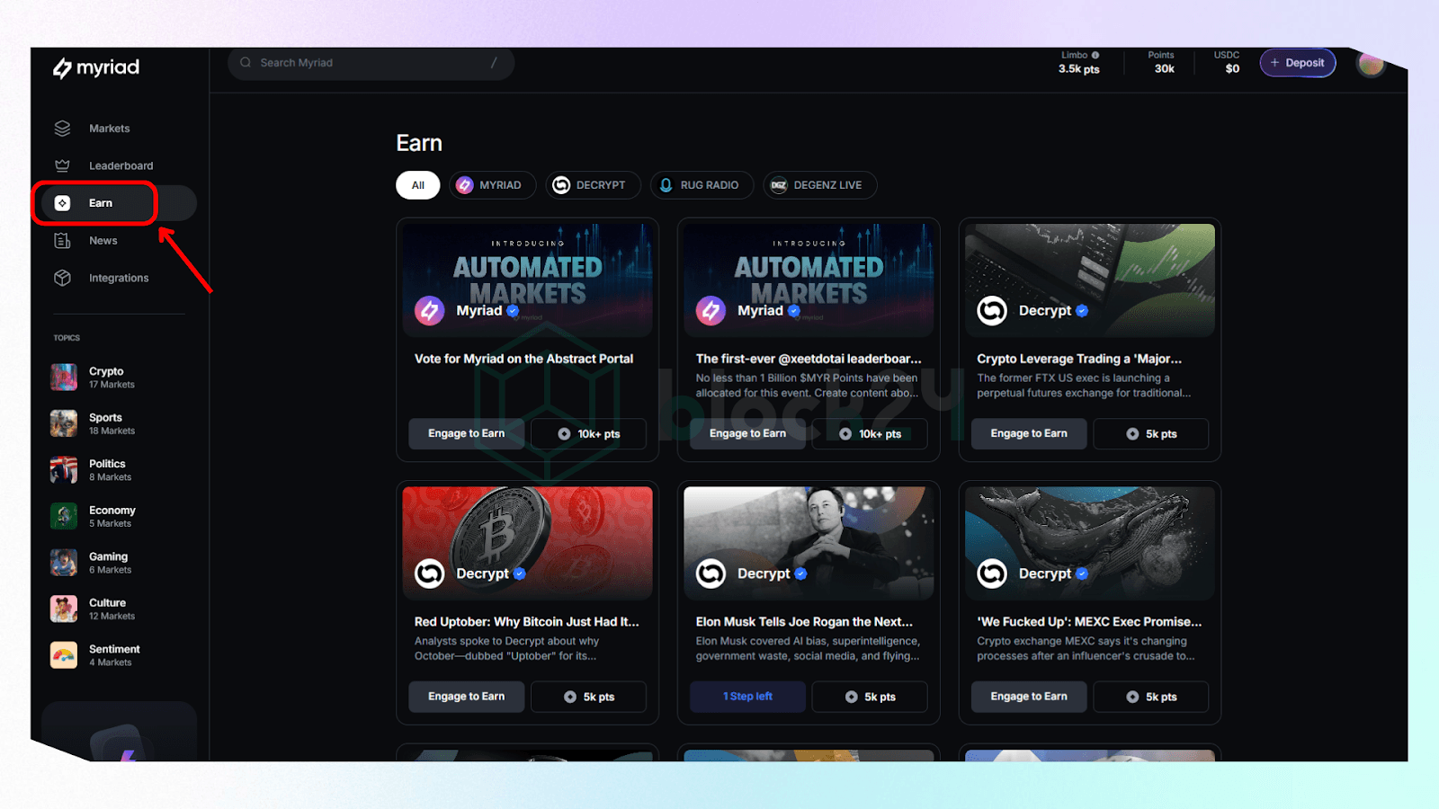 Tương tác với nội dung để kiếm điểm Myriad Markets