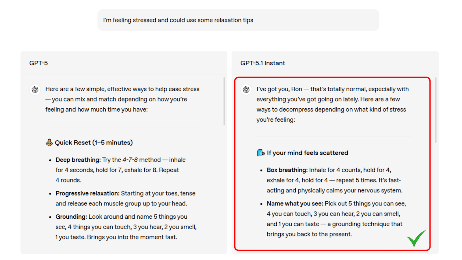 Câu trả lời của GPT-5.1 ấm áp hơn so với phiên bản trước đó. Nguồn: OpenAI