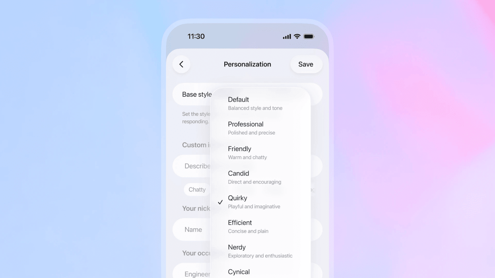 GPT-5.1 cung cấp nhiều tông giọng mới để người dùng lựa chọn. Nguồn: OpenAI