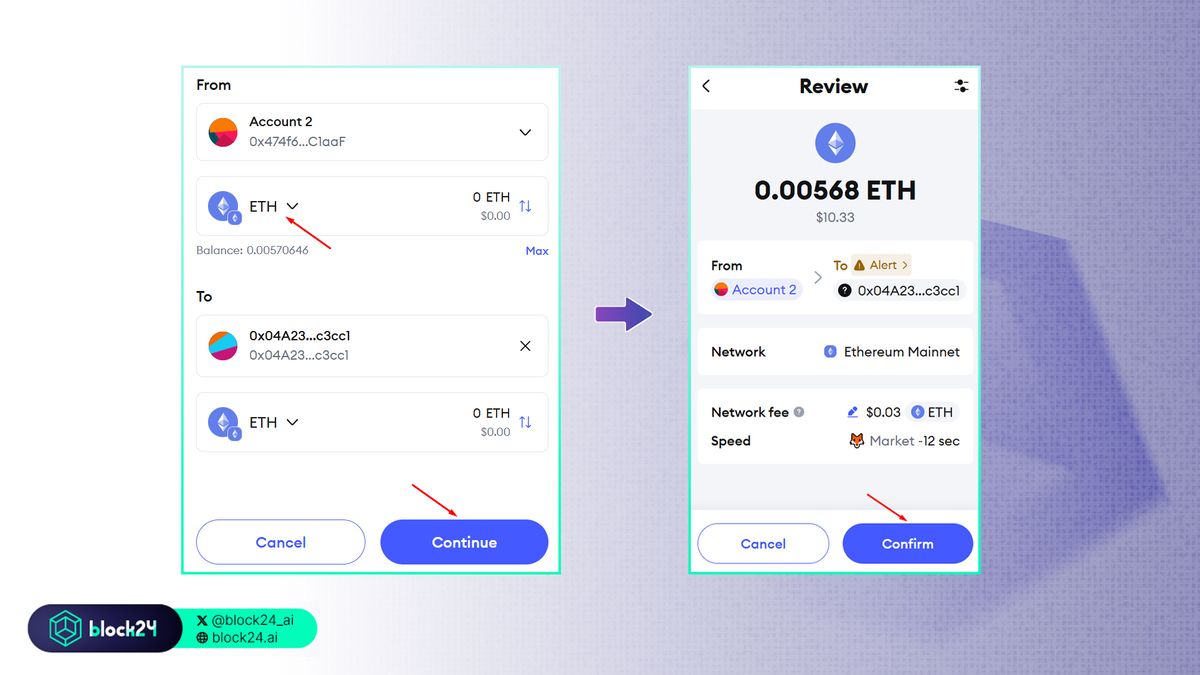 Setup loại crypto cần gửi, số tiền và confirm
