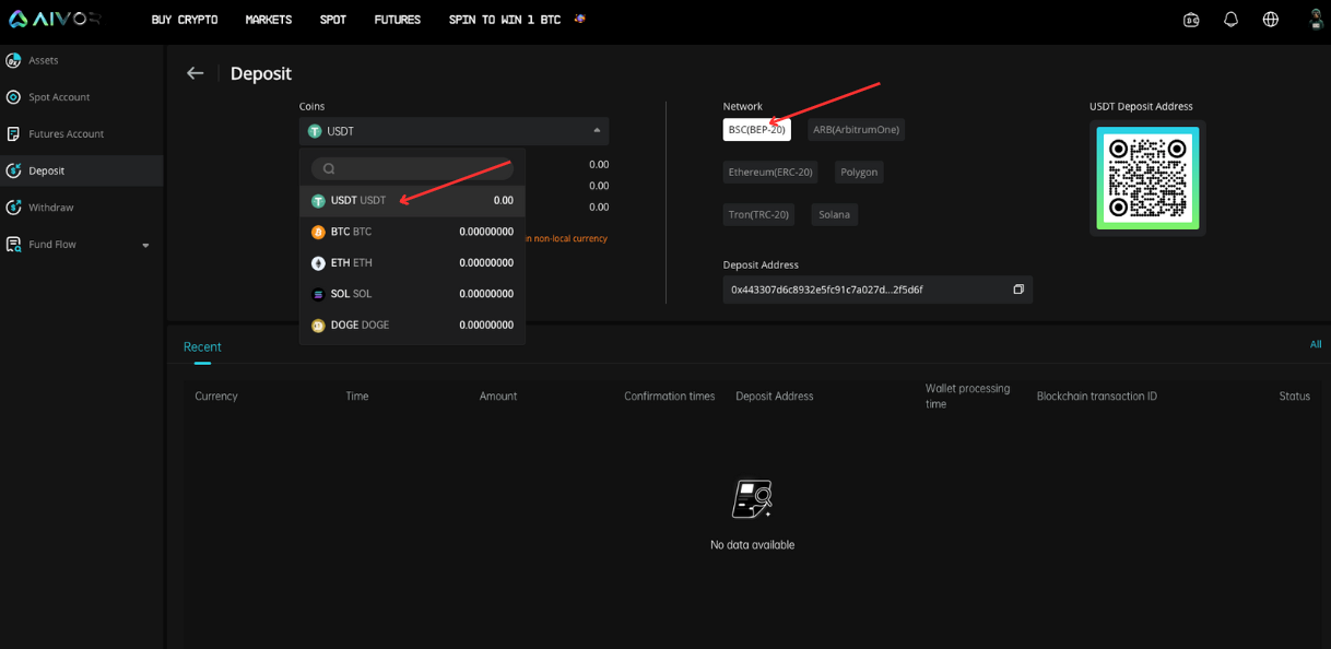 Chọn coin và chain muốn nạp