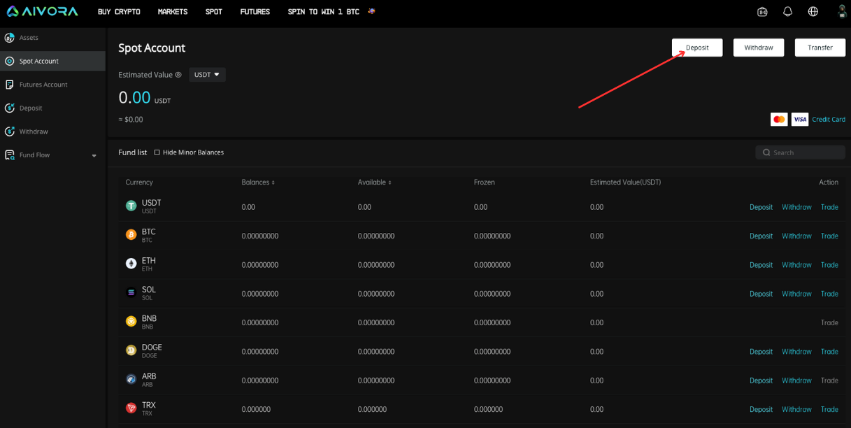 Chọn Deposit để nạp coin