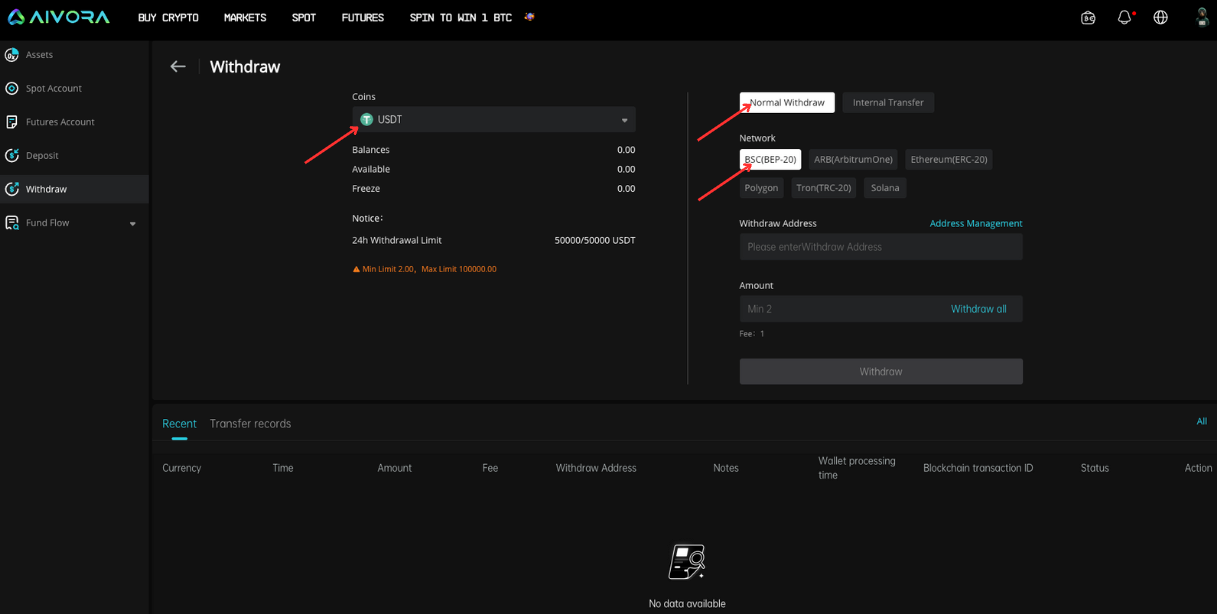 Chọn Coin, chain và chế độ normal withdraw