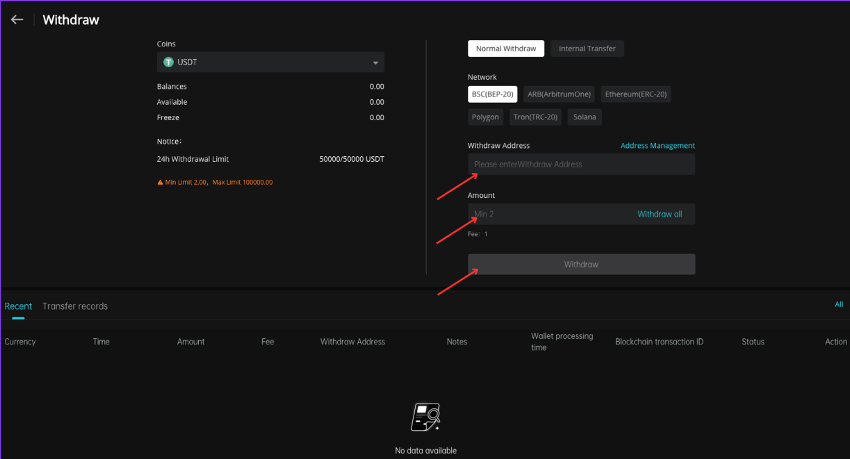 Nhập địa chỉ nhận tiền và chọn nút Withdraw