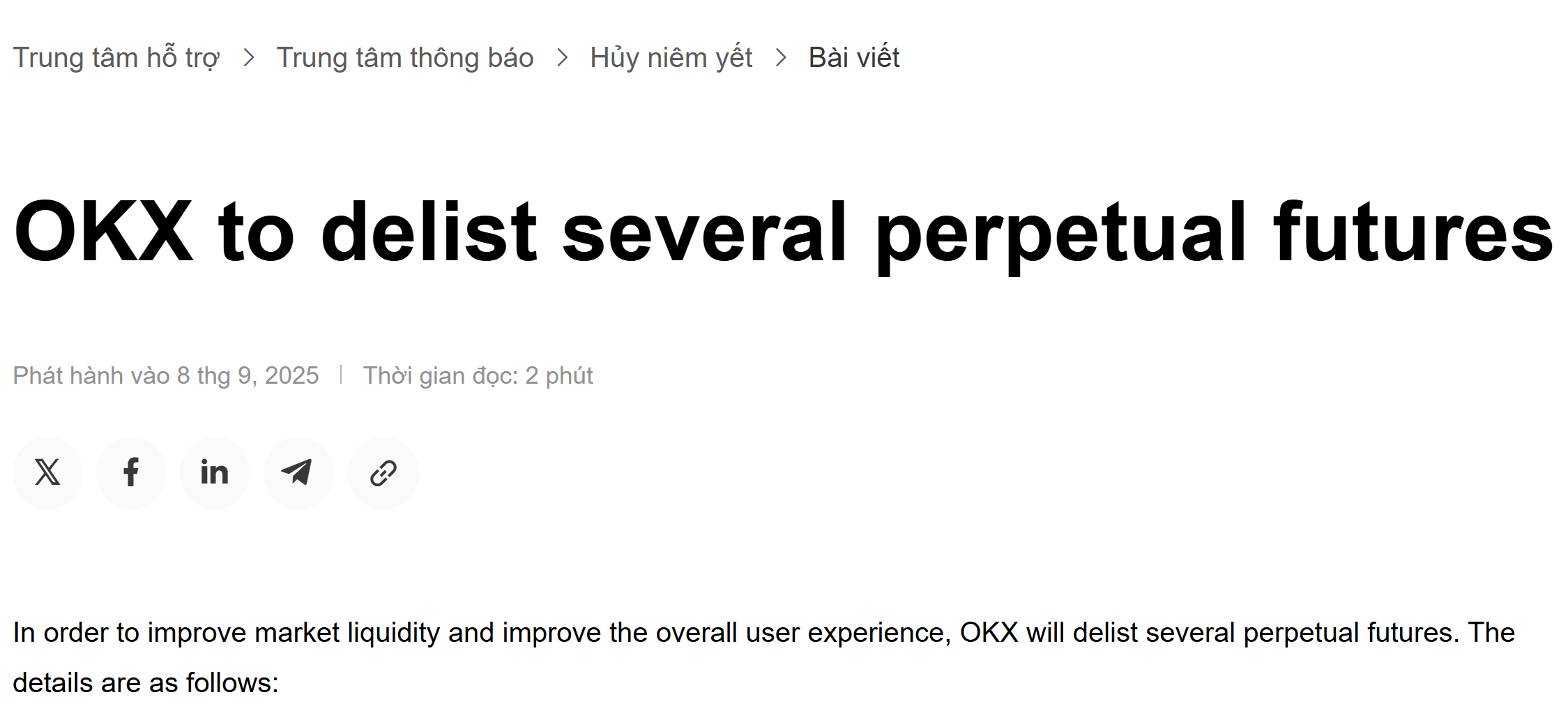 Sàn giao dịch OKX sẽ huỷ niêm yết 6 đồng coin trên mục Futures vào ngày 12/9/2025 - nguồn: OKX Announcement
