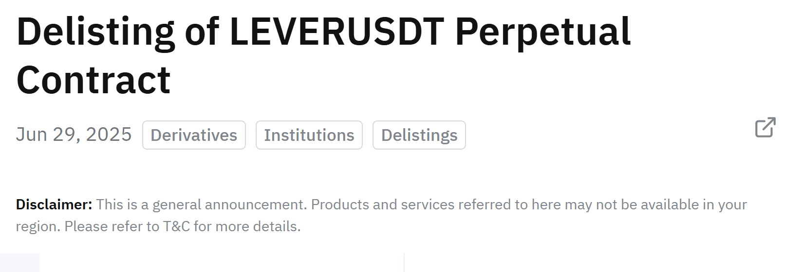 Bybit thông báo huỷ niêm yết hợp đồng Perpetual Contract LEVERUSDT - nguồn: Bybit Announcement