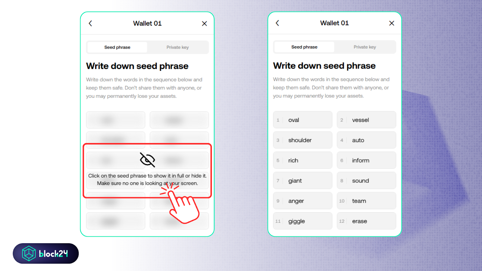 Xuất 12 ký tự seed phrase