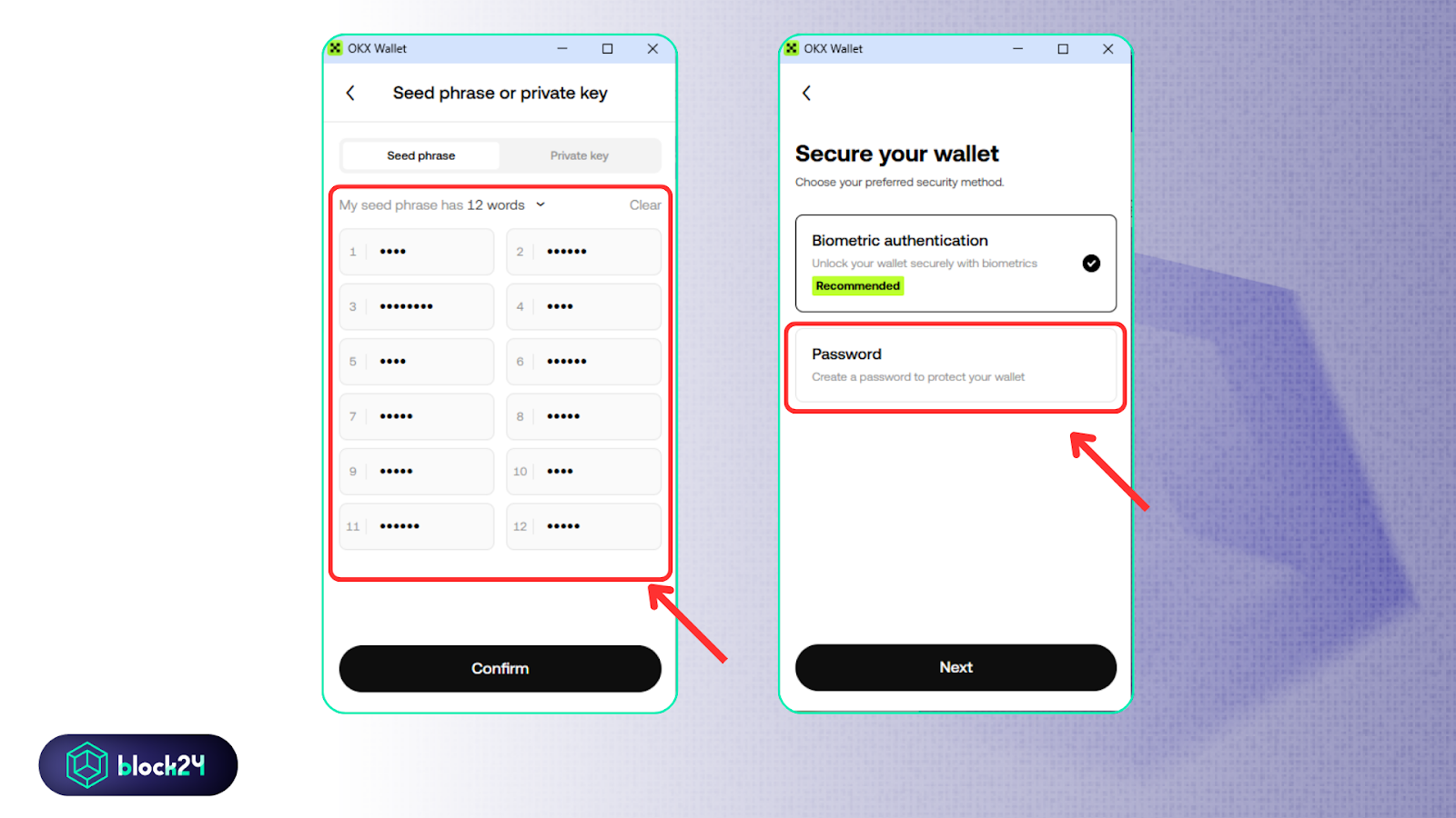 Nhập seed phrase của ví có sẵn