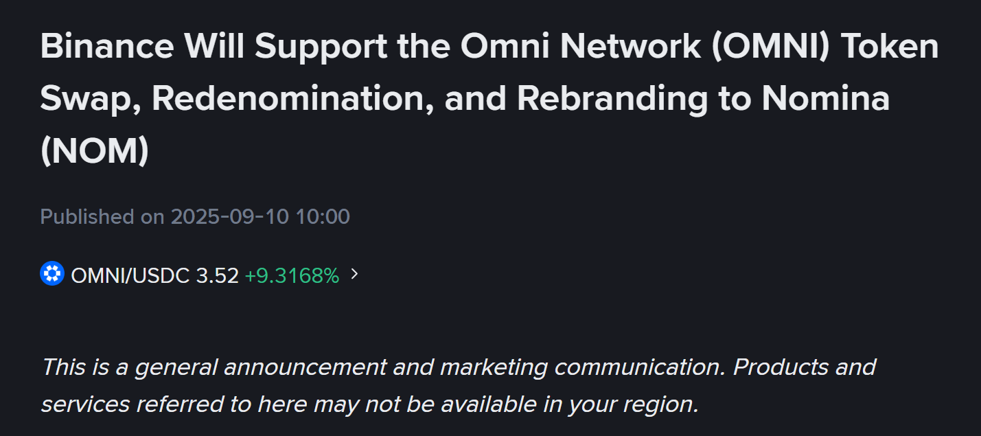 Binance sẽ hỗ trợ đổi tên token OMNI (Omni Network) thành Nomina (NOM) vào ngày 29/9/2025 - nguồn: Binance Announcement