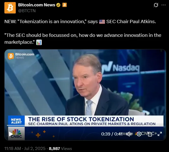 Chủ tịch SEC Paul Atkins ca ngợi vai trò của tokenization - nguồn: X (Twitter)
